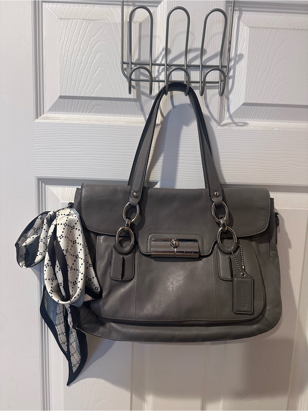 Coach Gray Leather Satchel with Black and White Scarf